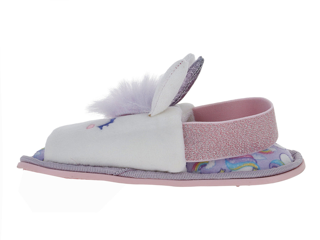 Pantufla blanca de unicornio con detalles en rosa y morado para Niña.