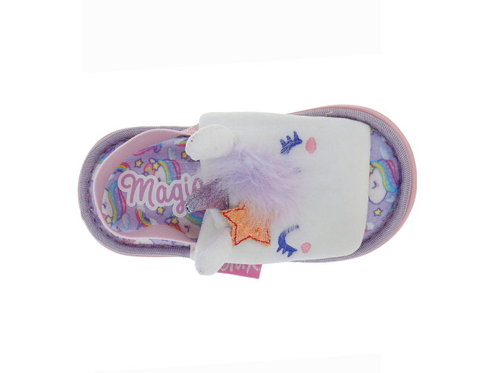 Pantufla blanca de unicornio con detalles en rosa y morado para Niña.