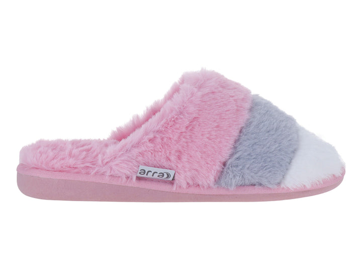 Pantufla abierta de material sintético peludo en colores rosa, gris y blanco.