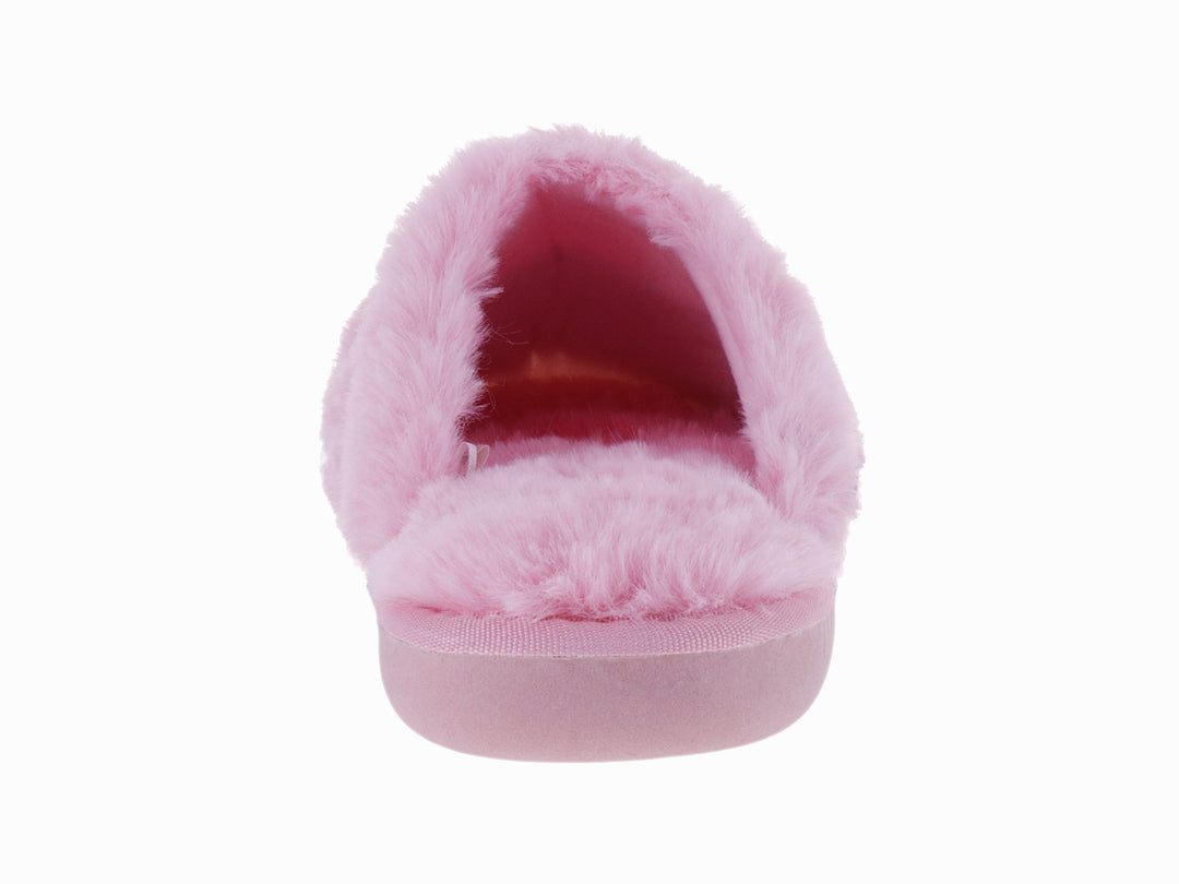 Pantufla abierta de material sintético peludo en colores rosa, gris y blanco.