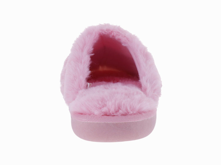 Pantufla abierta de material sintético peludo en colores rosa, gris y blanco.