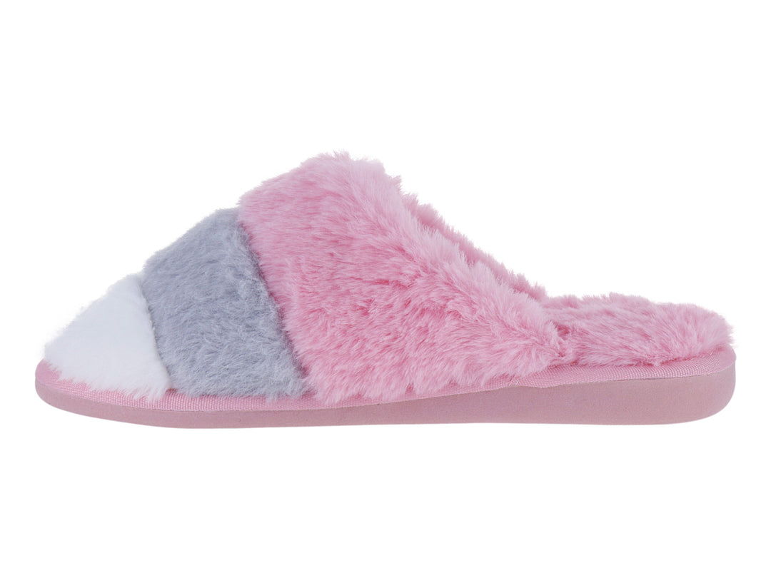 Pantufla abierta de material sintético peludo en colores rosa, gris y blanco.
