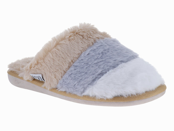 Pantufla ARRA multicolor en tonos beige, gris y blanco con acabado de peluche.
