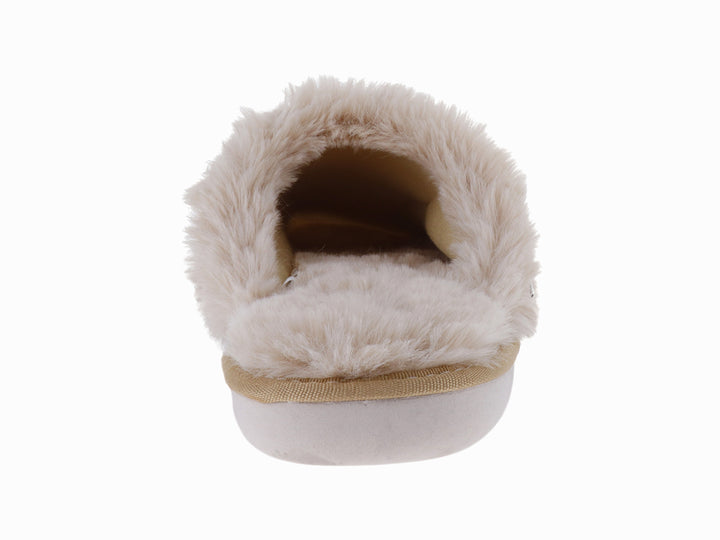 Pantufla ARRA multicolor en tonos beige, gris y blanco con acabado de peluche.