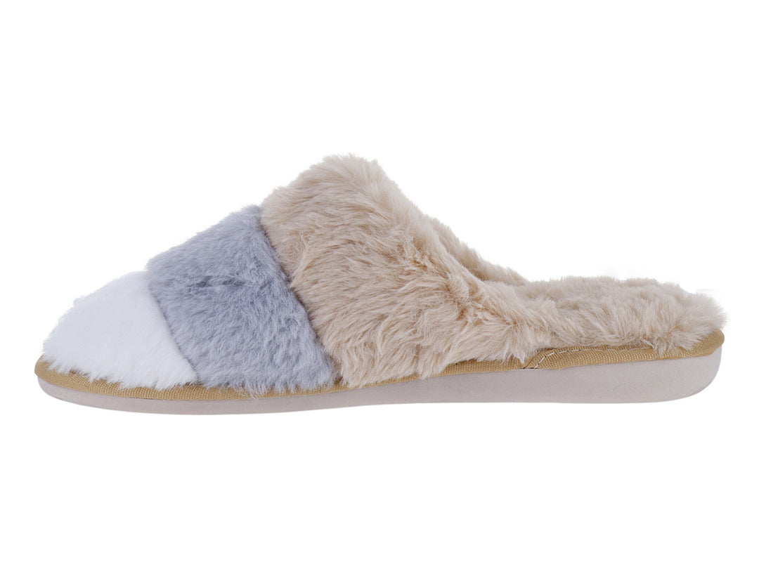 Pantufla ARRA multicolor en tonos beige, gris y blanco con acabado de peluche.
