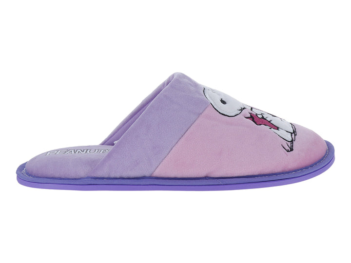 Pantufla abierta en colores lila y rosa con un diseño de personaje animado en la parte frontal.