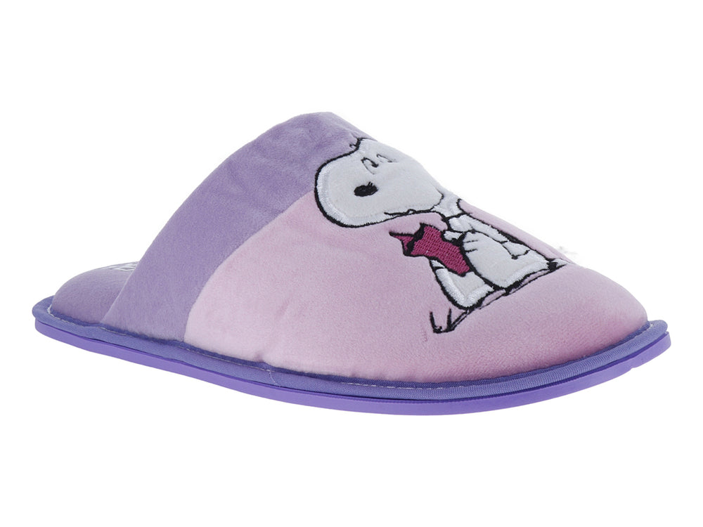 Pantufla abierta en colores lila y rosa con un diseño de personaje animado en la parte frontal.