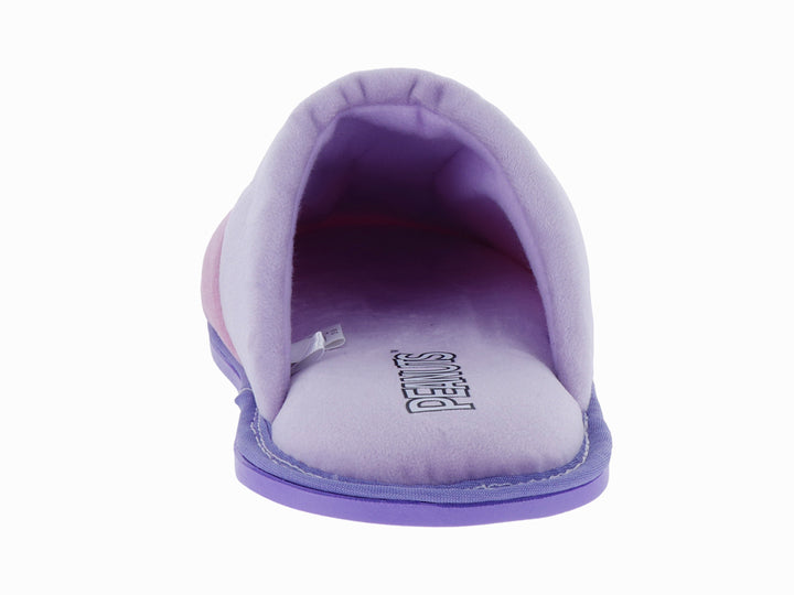 Pantufla abierta en colores lila y rosa con un diseño de personaje animado en la parte frontal.