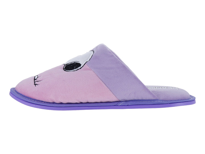 Pantufla abierta en colores lila y rosa con un diseño de personaje animado en la parte frontal.
