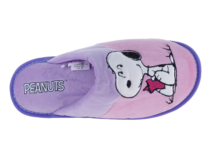 Pantufla abierta en colores lila y rosa con un diseño de personaje animado en la parte frontal.
