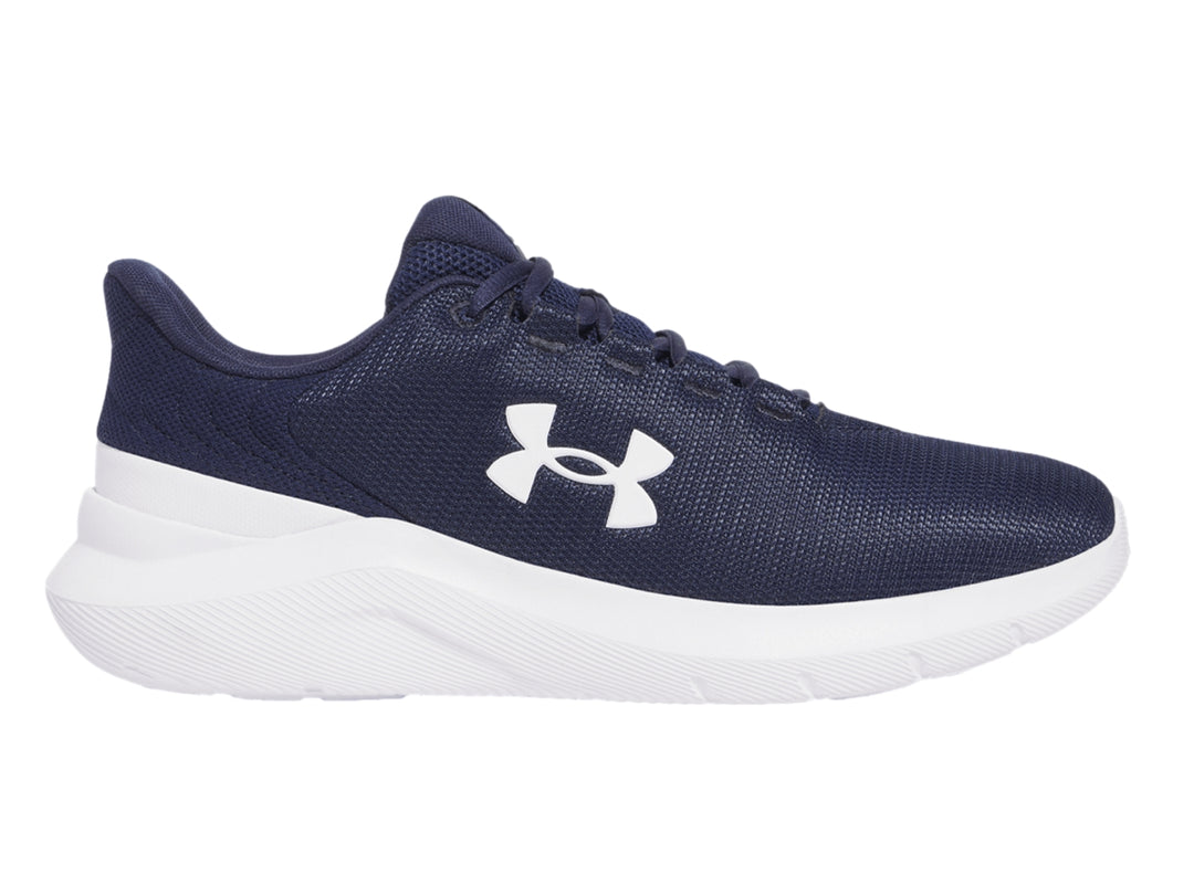 Tenis deportivos Under Armour en color azul marino con suela blanca y logotipo blanco lateral.