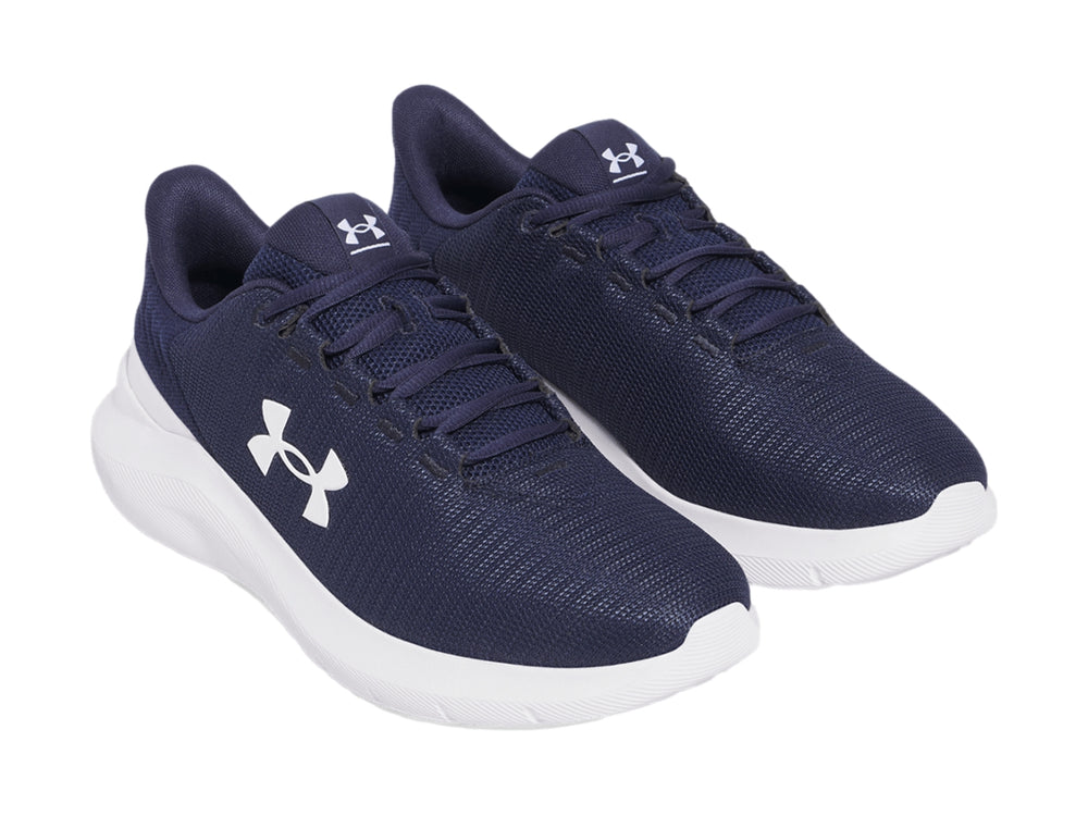 Tenis deportivos Under Armour en color azul marino con suela blanca y logotipo blanco lateral.
