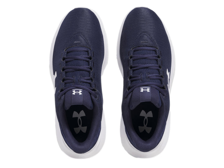 Tenis deportivos Under Armour en color azul marino con suela blanca y logotipo blanco lateral.