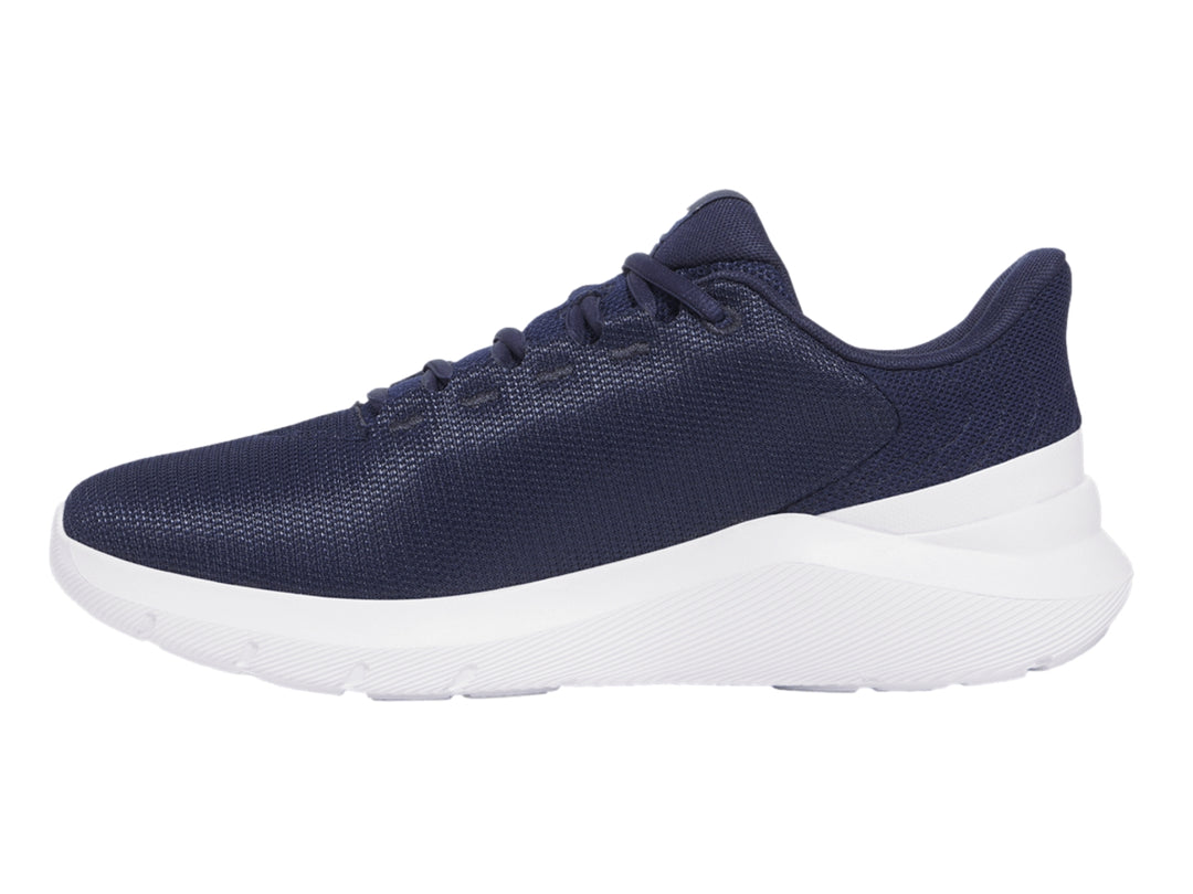 Tenis deportivos Under Armour en color azul marino con suela blanca y logotipo blanco lateral.
