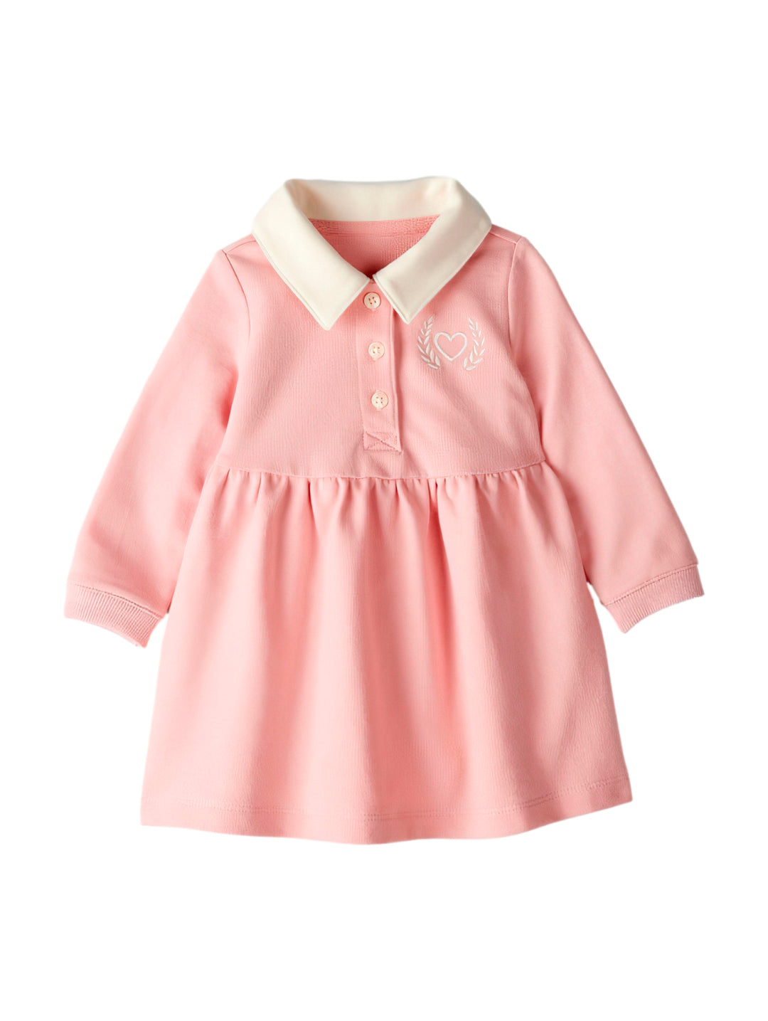 Vestido rosa de manga larga para bebé con cuello blanco y detalle de corazón bordado.