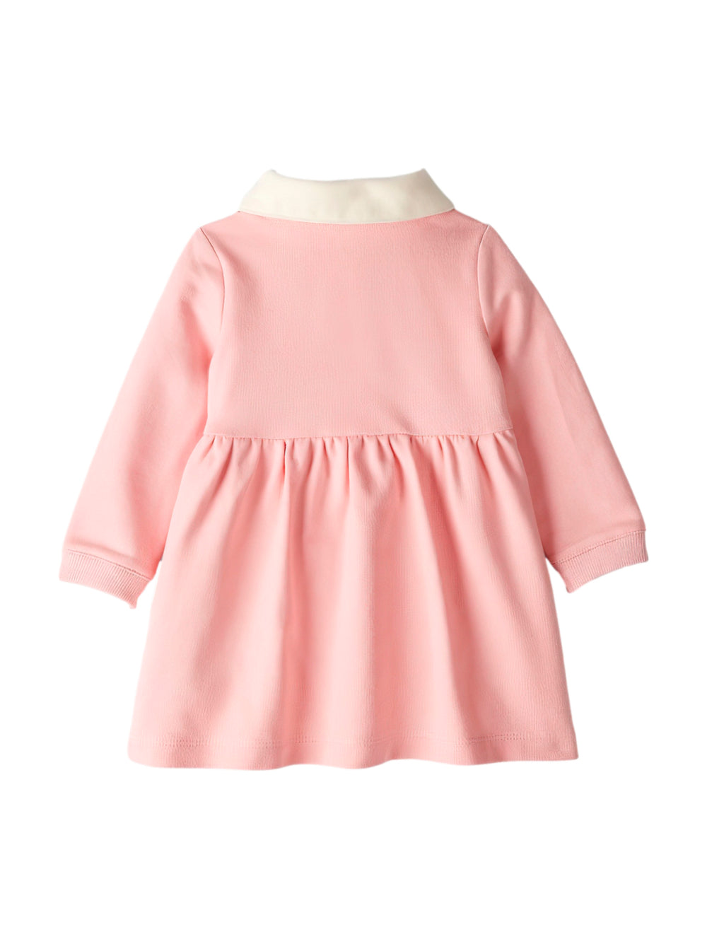 Vestido rosa de manga larga para bebé con cuello blanco y detalle de corazón bordado.