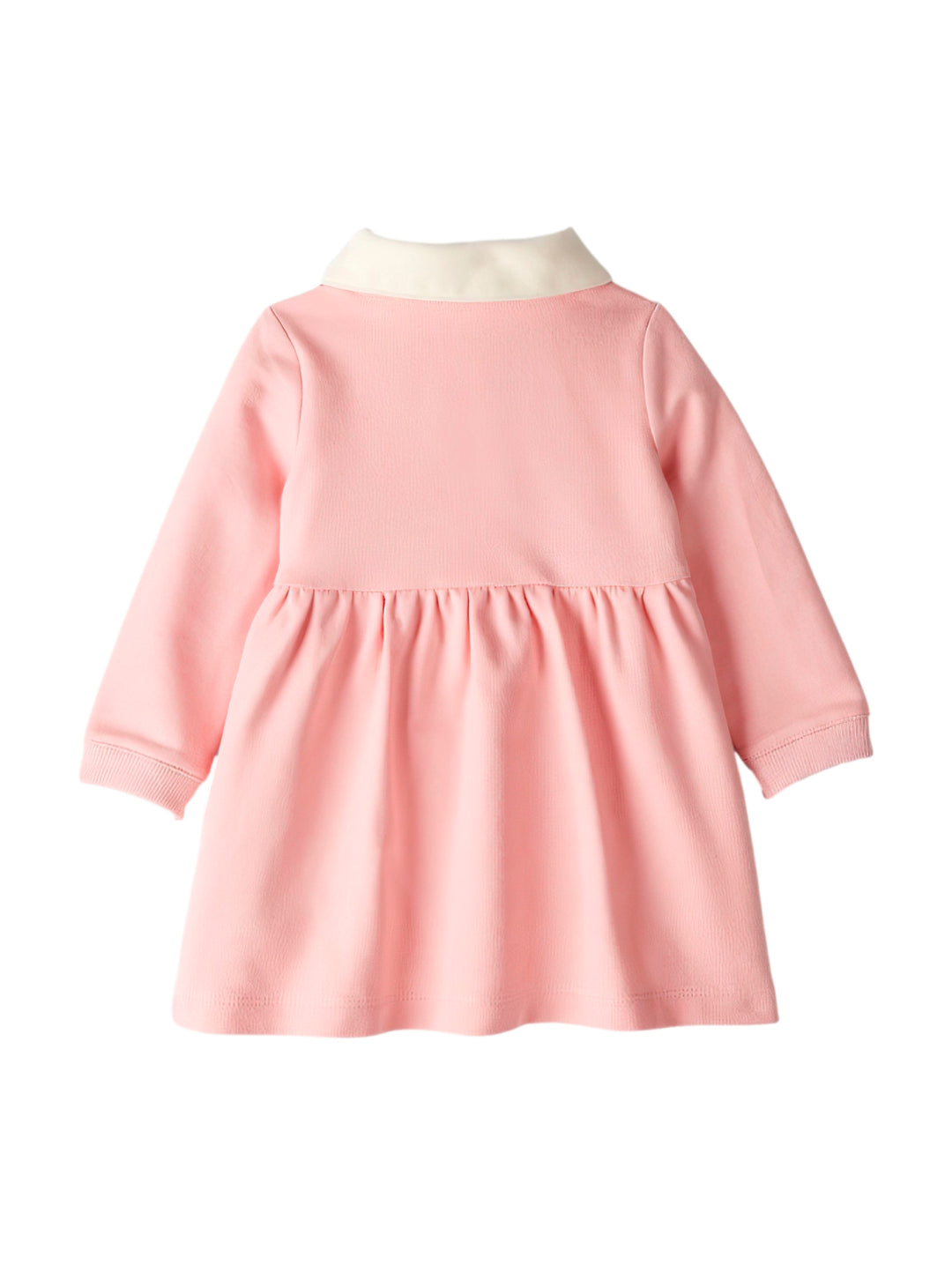 Vestido rosa de manga larga para bebé con cuello blanco y detalle de corazón bordado.