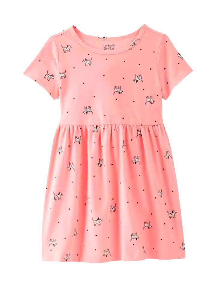 Vestido rosa de manga corta para niña con estampado de perritos y puntos.