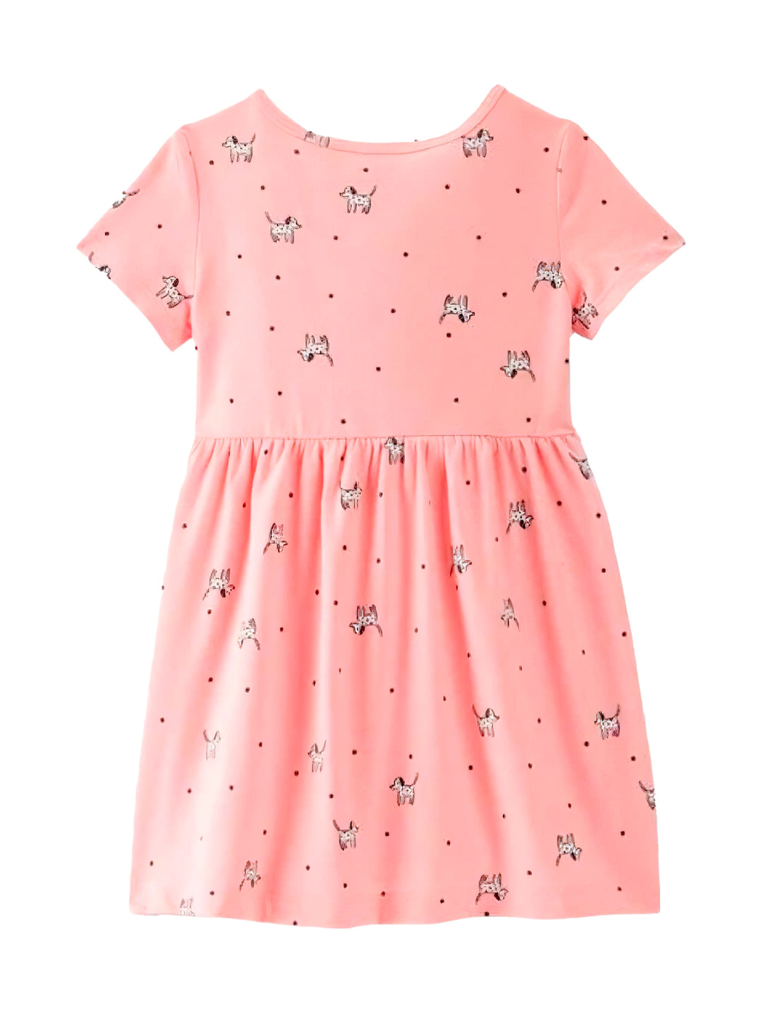 Vestido rosa de manga corta para niña con estampado de perritos y puntos.