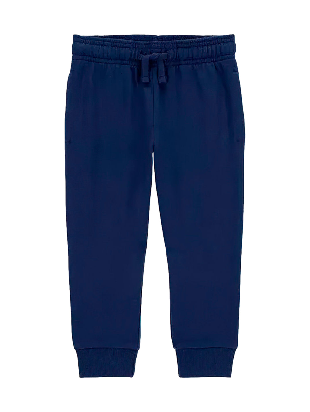 Pantalón largo color azul marino para niño con cintura elástica y puños acanalados.