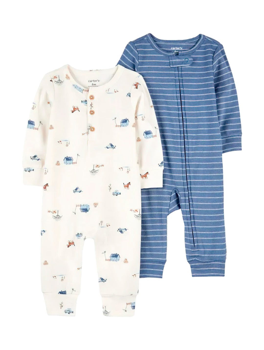 Conjunto de dos mamelucos para bebé, uno blanco con estampados y otro azul acero a rayas.