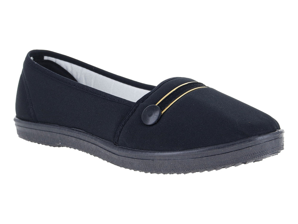 Zapato tipo balerina de tela color negro con detalle decorativo dorado en la parte superior.