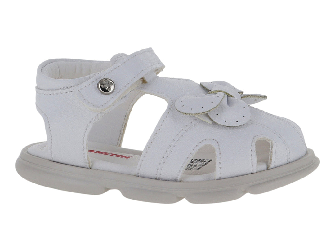 Sandalia blanca para niña con detalle de moño frontal y correa de ajuste con velcro.