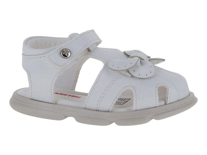Sandalia blanca para niña con detalle de moño frontal y correa de ajuste con velcro.