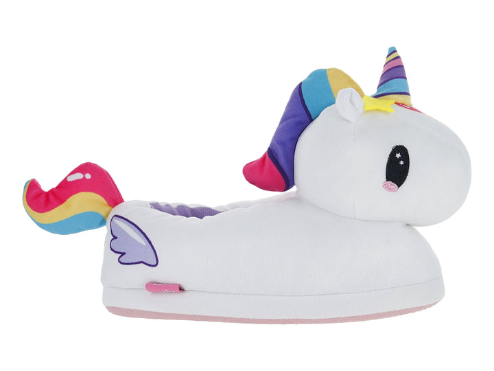 Pantufla blanca para niña con diseño de unicornio, cuerno y cola multicolor.