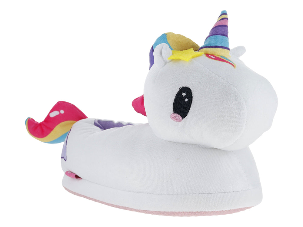Pantufla blanca para niña con diseño de unicornio, cuerno y cola multicolor.