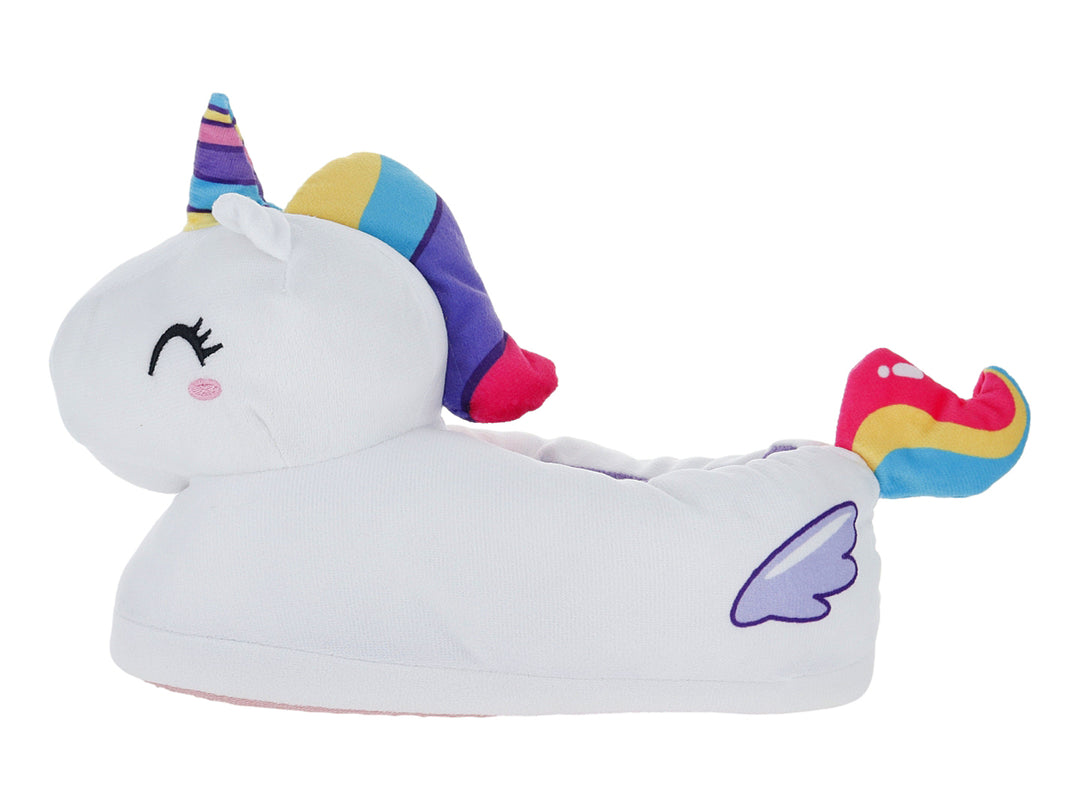 Pantufla blanca para niña con diseño de unicornio, cuerno y cola multicolor.