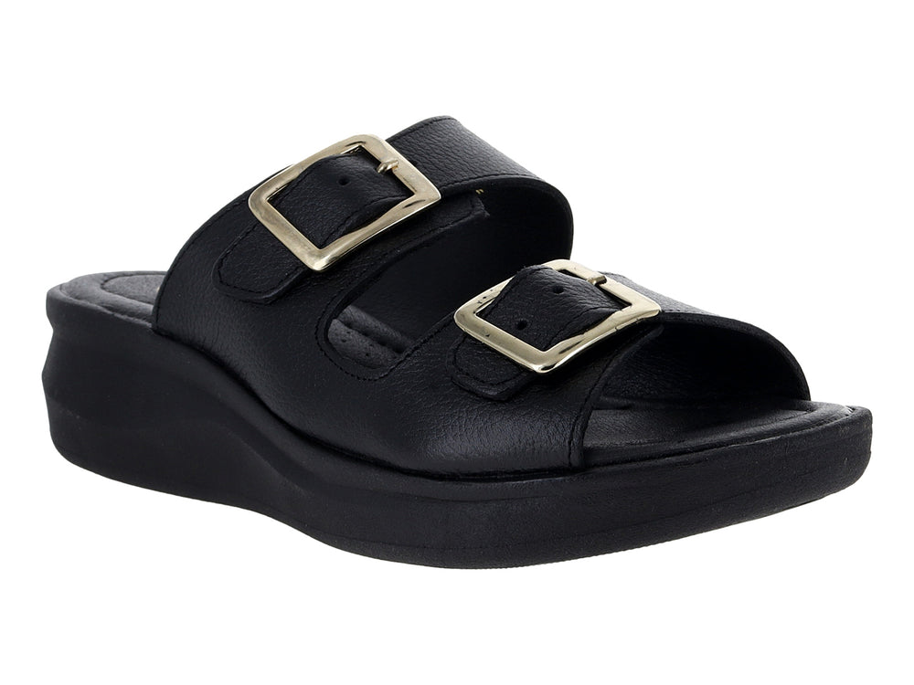 Sandalia Relax color negro con plataforma y dos correas con hebillas doradas.