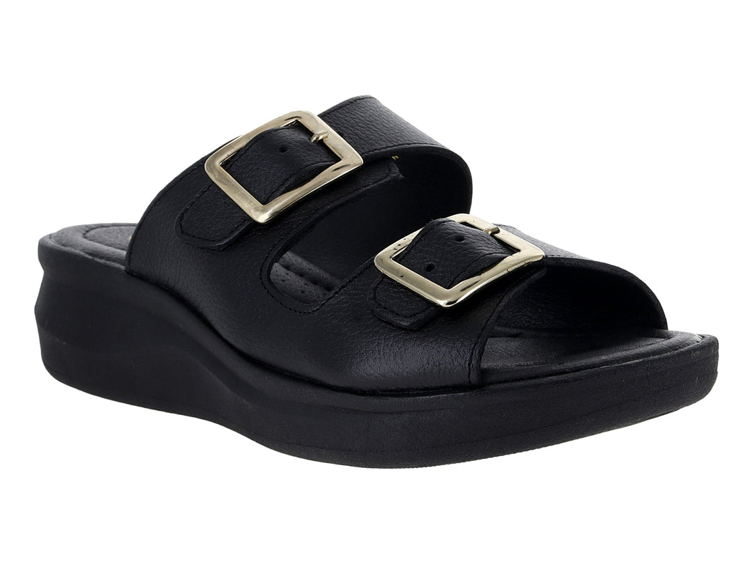 Sandalia Relax color negro con plataforma y dos correas con hebillas doradas.