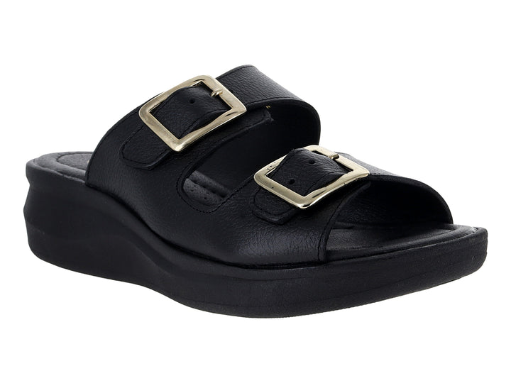 Sandalia Relax color negro con plataforma y dos correas con hebillas doradas.