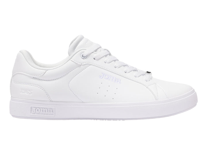 Tenis deportivos Joma de color blanco, corte bajo con cordones y suela blanca.