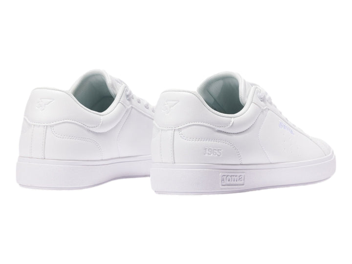 Tenis deportivos Joma de color blanco, corte bajo con cordones y suela blanca.