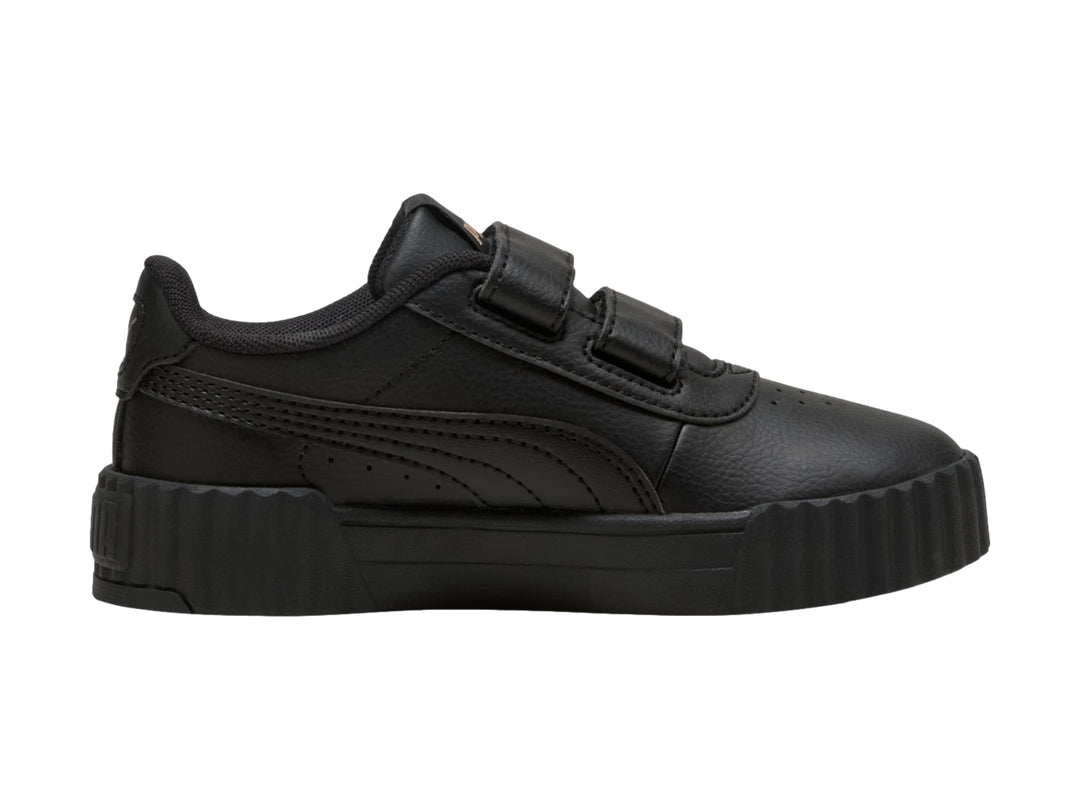 Tenis PUMA Carina 3.0 V PS en color negro con cierre de velcro y suela de plataforma.