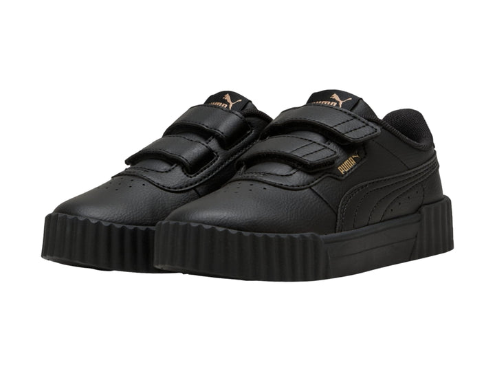 Tenis PUMA Carina 3.0 V PS en color negro con cierre de velcro y suela de plataforma.