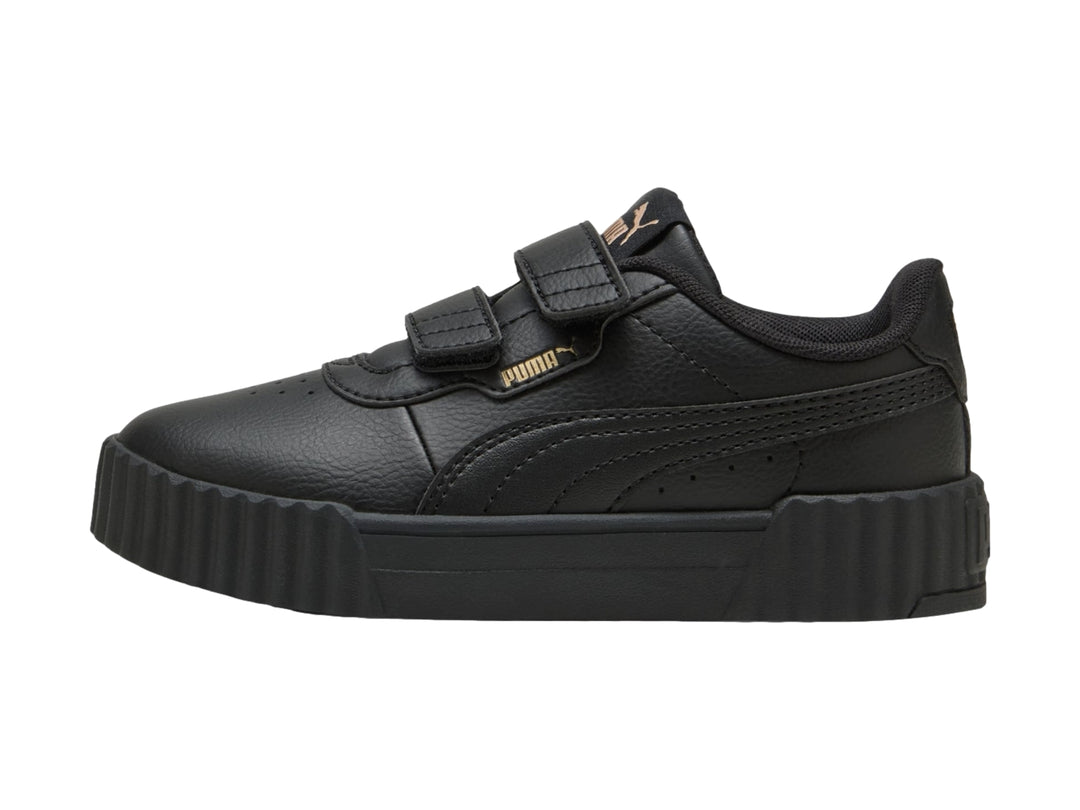 Tenis PUMA Carina 3.0 V PS en color negro con cierre de velcro y suela de plataforma.