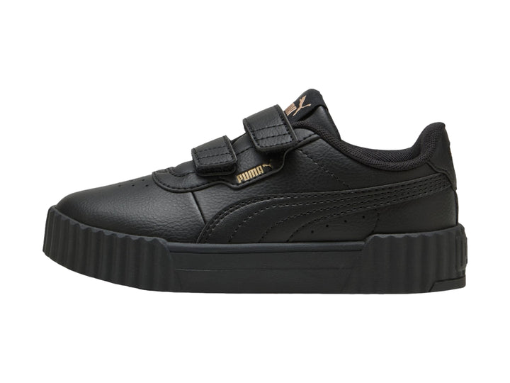 Tenis PUMA Carina 3.0 V PS en color negro con cierre de velcro y suela de plataforma.