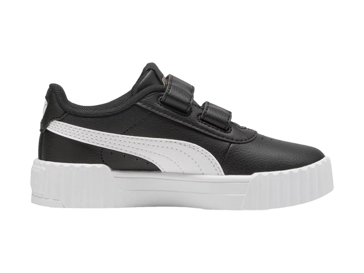 Tenis PUMA Carina 3.0 V PS en color negro con suela blanca de plataforma y cierre de velcro para niños.