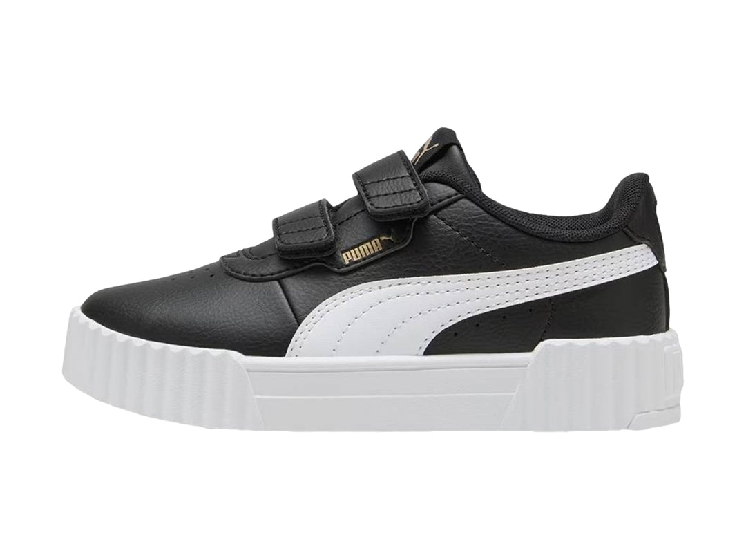 Tenis PUMA Carina 3.0 V PS en color negro con suela blanca de plataforma y cierre de velcro para niños.
