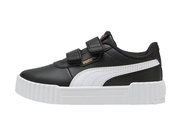 Tenis PUMA Carina 3.0 V PS en color negro con suela blanca de plataforma y cierre de velcro para niños.
