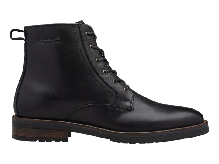 Bota casual de cuero negro con agujetas y suela marrón oscuro.