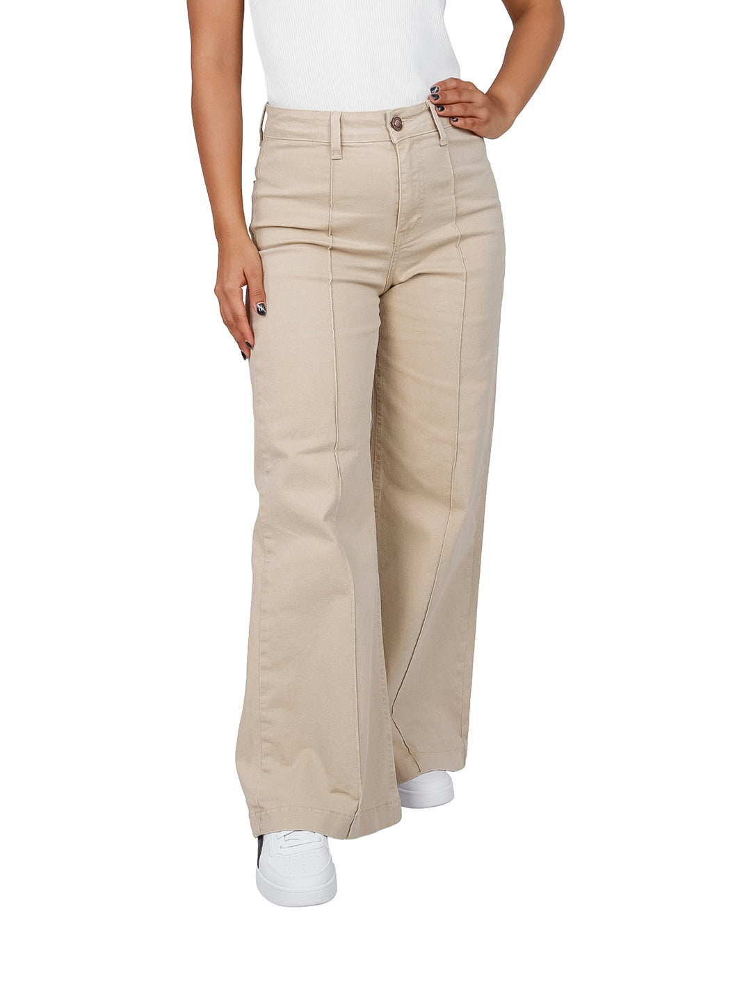 Pantalones color khaki de pierna ancha y talle alto para mujer.