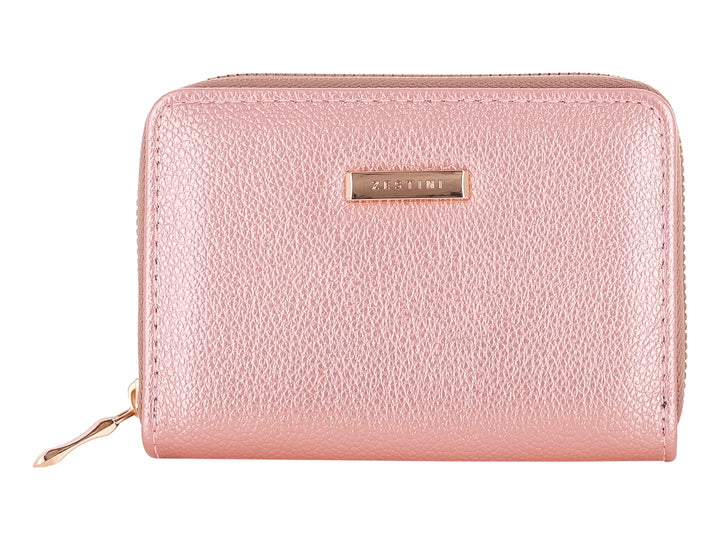 Monedero compacto de color rosa metálico con textura granulada y cierre dorado.