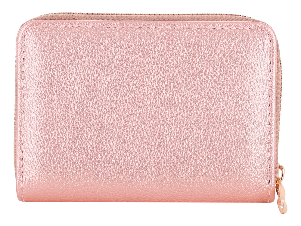 Monedero compacto de color rosa metálico con textura granulada y cierre dorado.