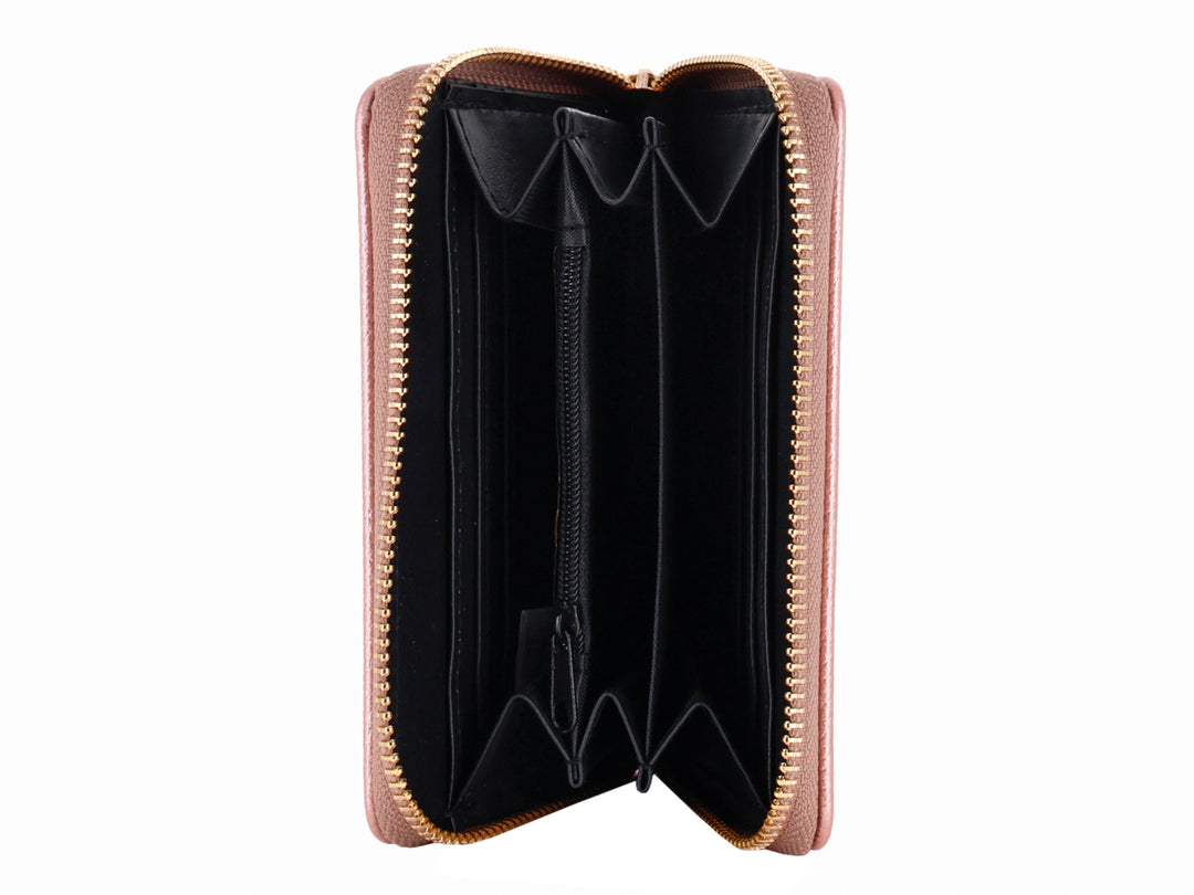 Monedero compacto de color rosa metálico con textura granulada y cierre dorado.