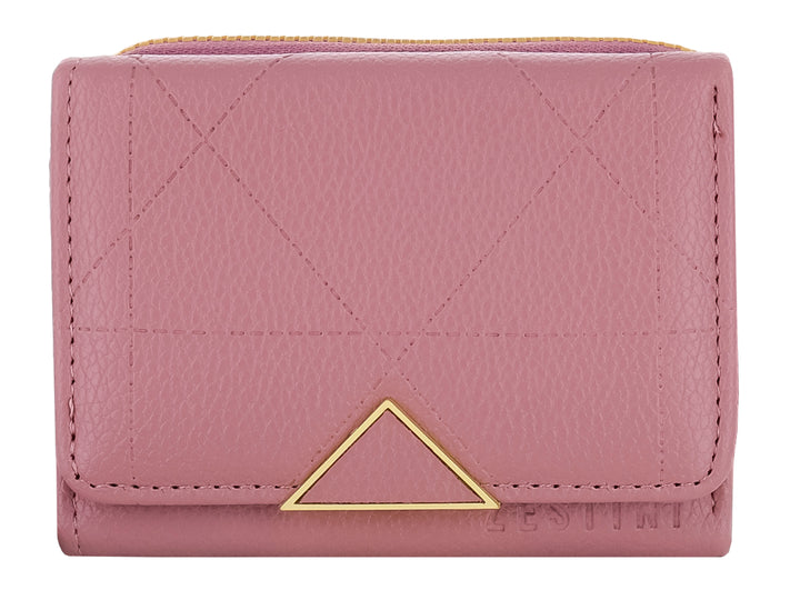 Monedero color morado con textura rugosa y un adorno triangular dorado en el cierre frontal.