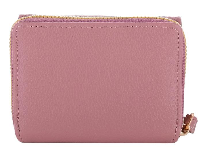 Monedero color morado con textura rugosa y un adorno triangular dorado en el cierre frontal.